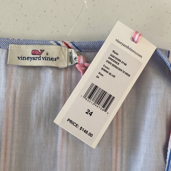 Vineyard Vines Nicholls Stripe Seersucker Tie-Waist Dress Cap Sleeve Bimini Blue - Picture 11 of 16